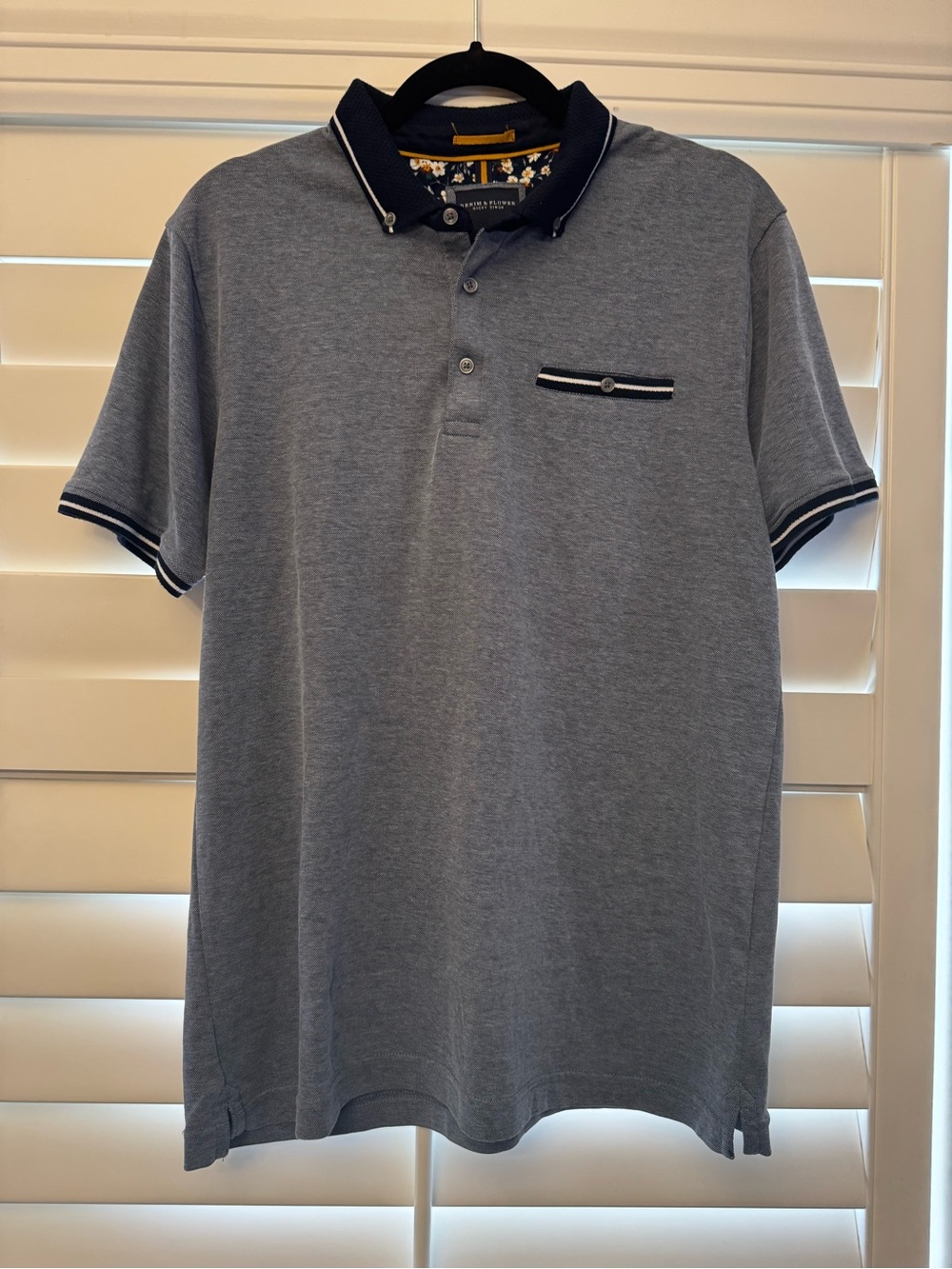 Denim & Flower Men's Heather Gray Polo with Navy Trim
